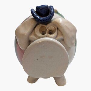 Pottery Piggy Bank Flat Nose curly q tale drop giaze pattern blue hat 6 inch